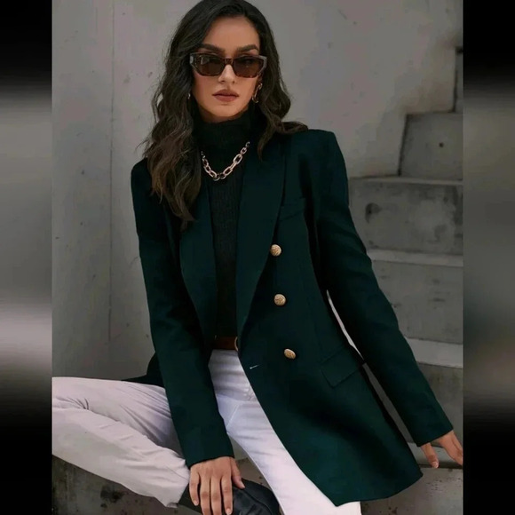 Solid Double Breasted Flap Detail Blazer Workwear - Picture 1 of 5